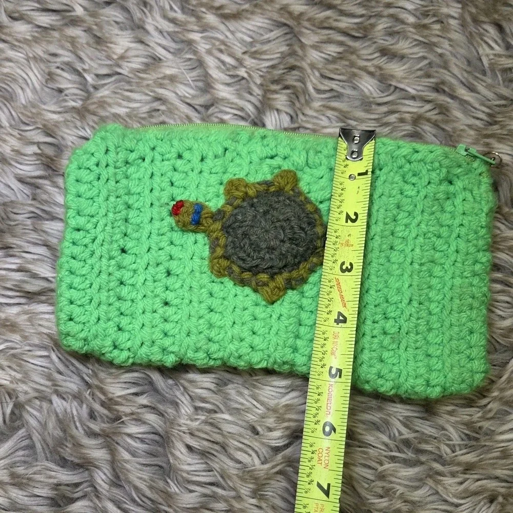Handmade‎ Crochet Turtle Zipper Pouch Green Knit Coin Purse Boho Cosmetic Bag